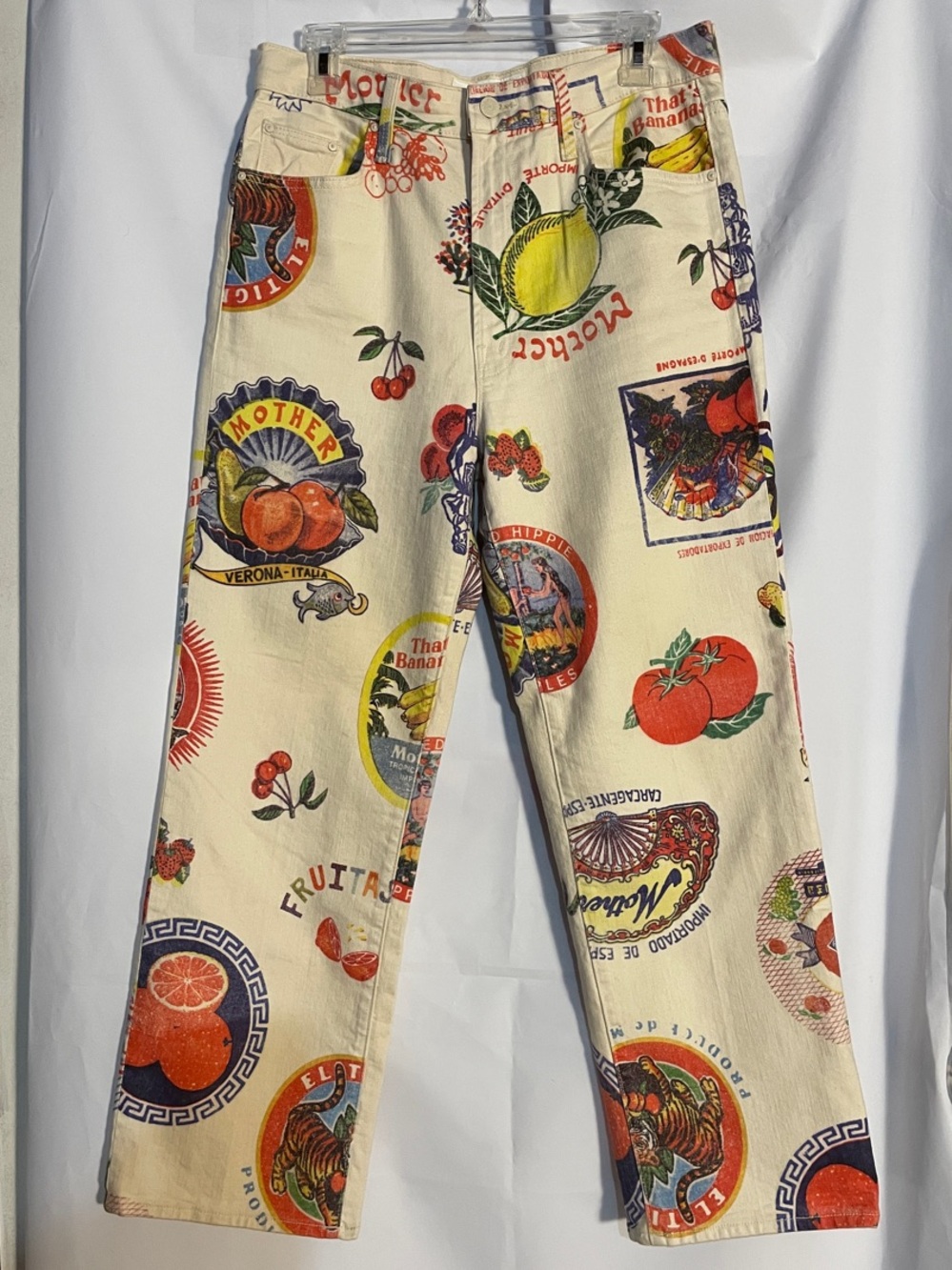 MOTHER Cream Fruit-Print Ankle Jeans, size 31